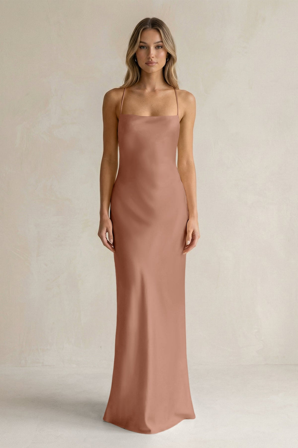Sheath Satin Spaghetti Strap Bridesmaid Dress in Rosette