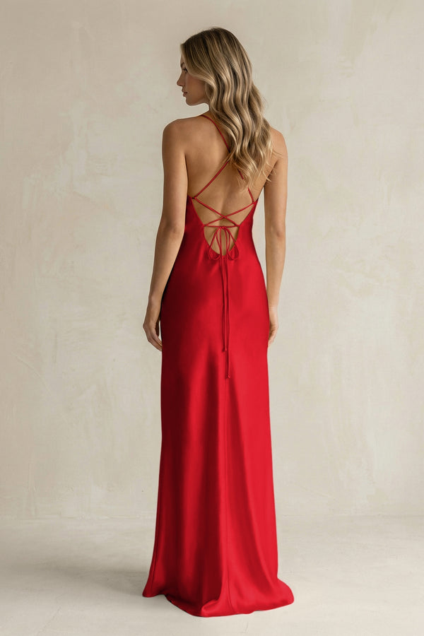 Sheath Satin Spaghetti Strap Bridesmaid Dress in Ruby Red - KISS BRIDAL Bridesmaid Dresses