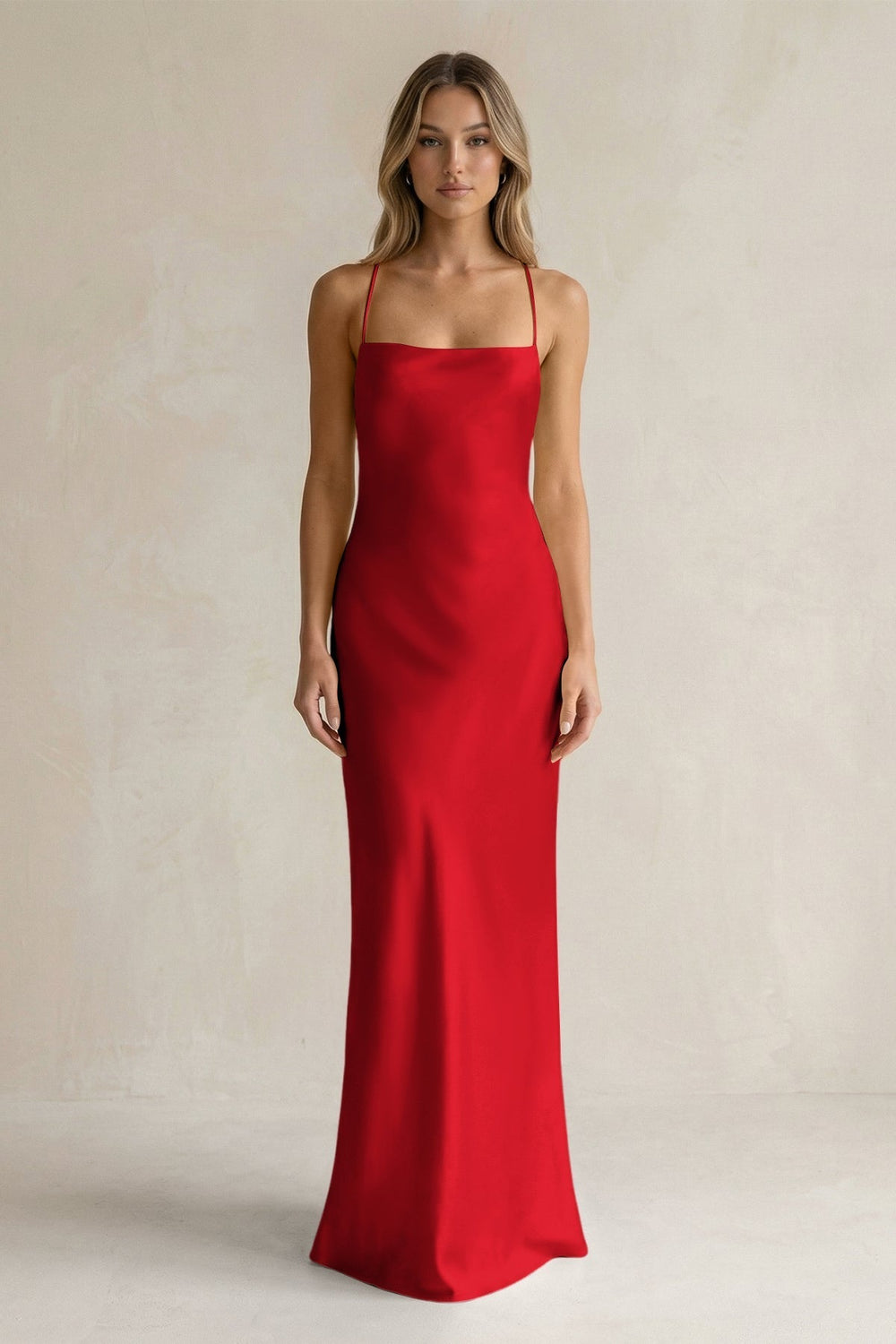 Sheath Satin Spaghetti Strap Bridesmaid Dress in Ruby Red