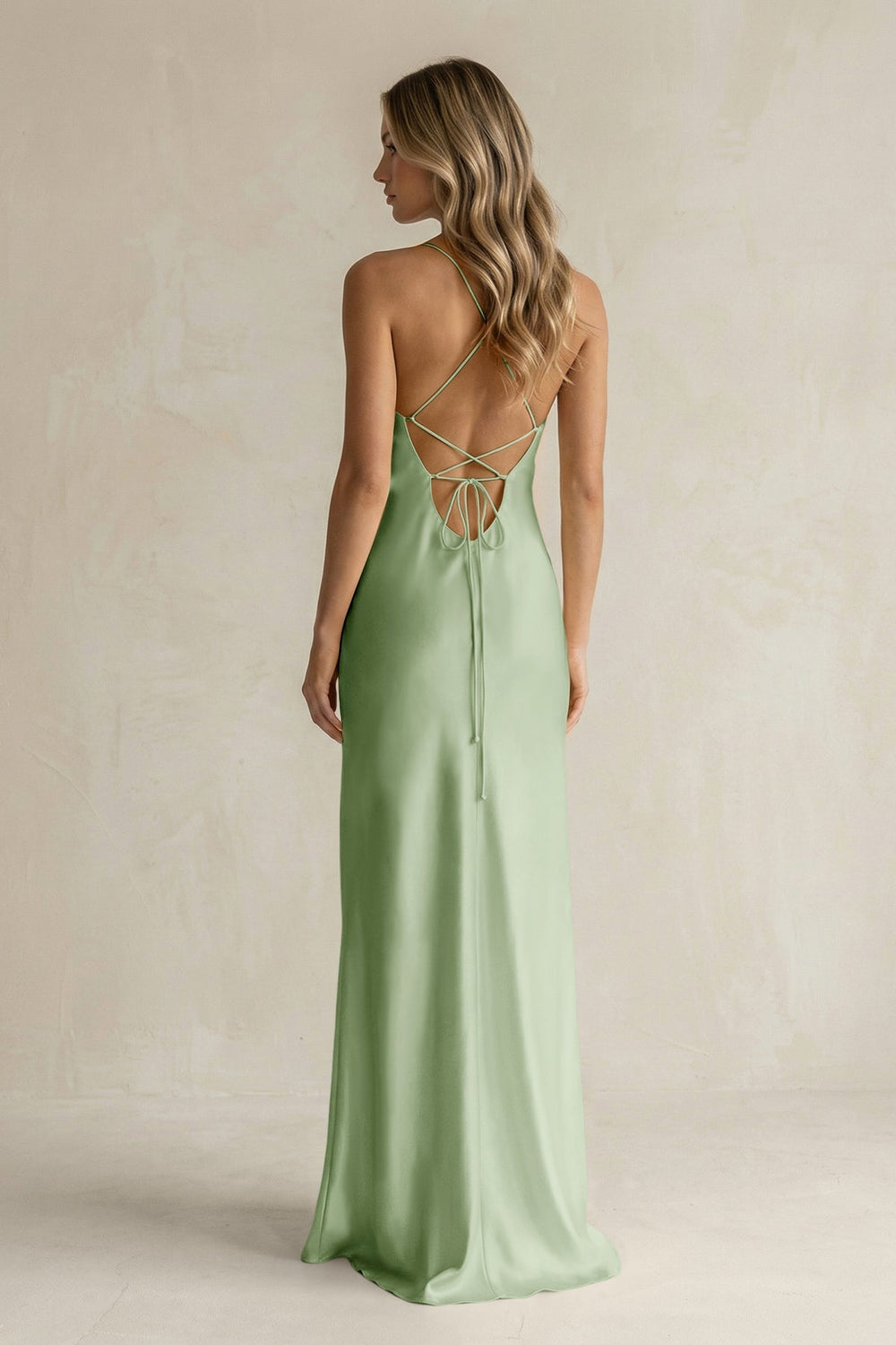 Sheath Satin Spaghetti Strap Bridesmaid Dress in Sage