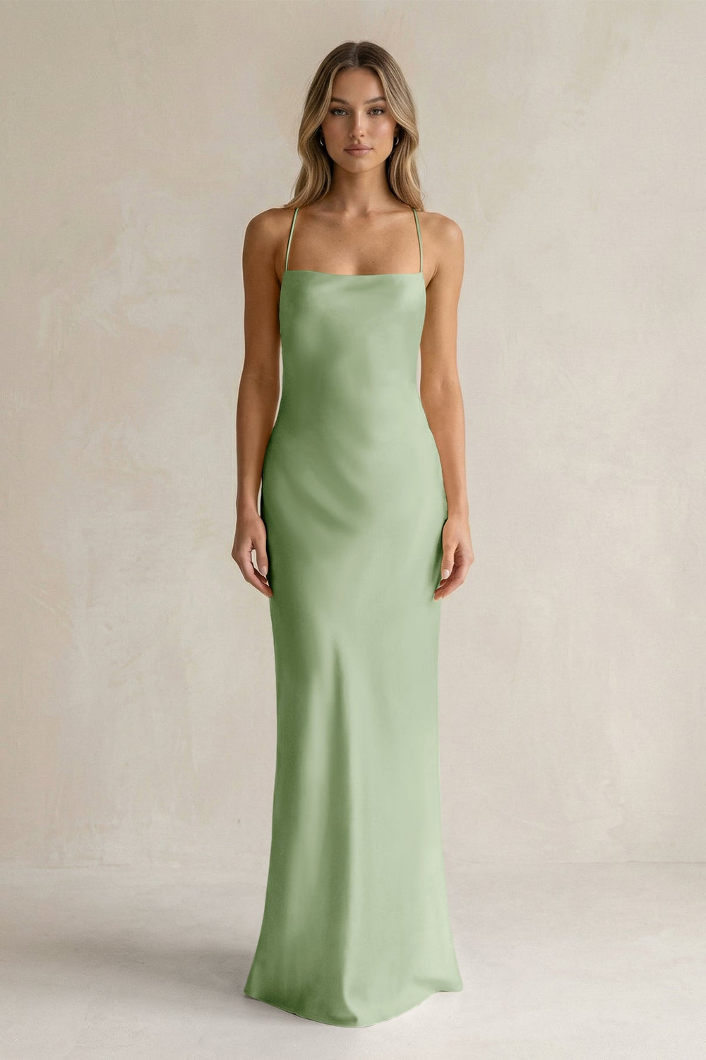 Sheath Satin Spaghetti Strap Bridesmaid Dress in Sage