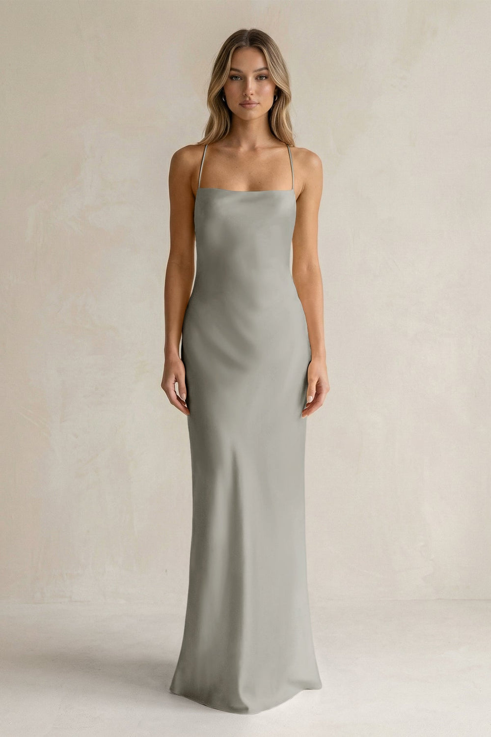 Sheath Satin Spaghetti Strap Bridesmaid Dress in Silver