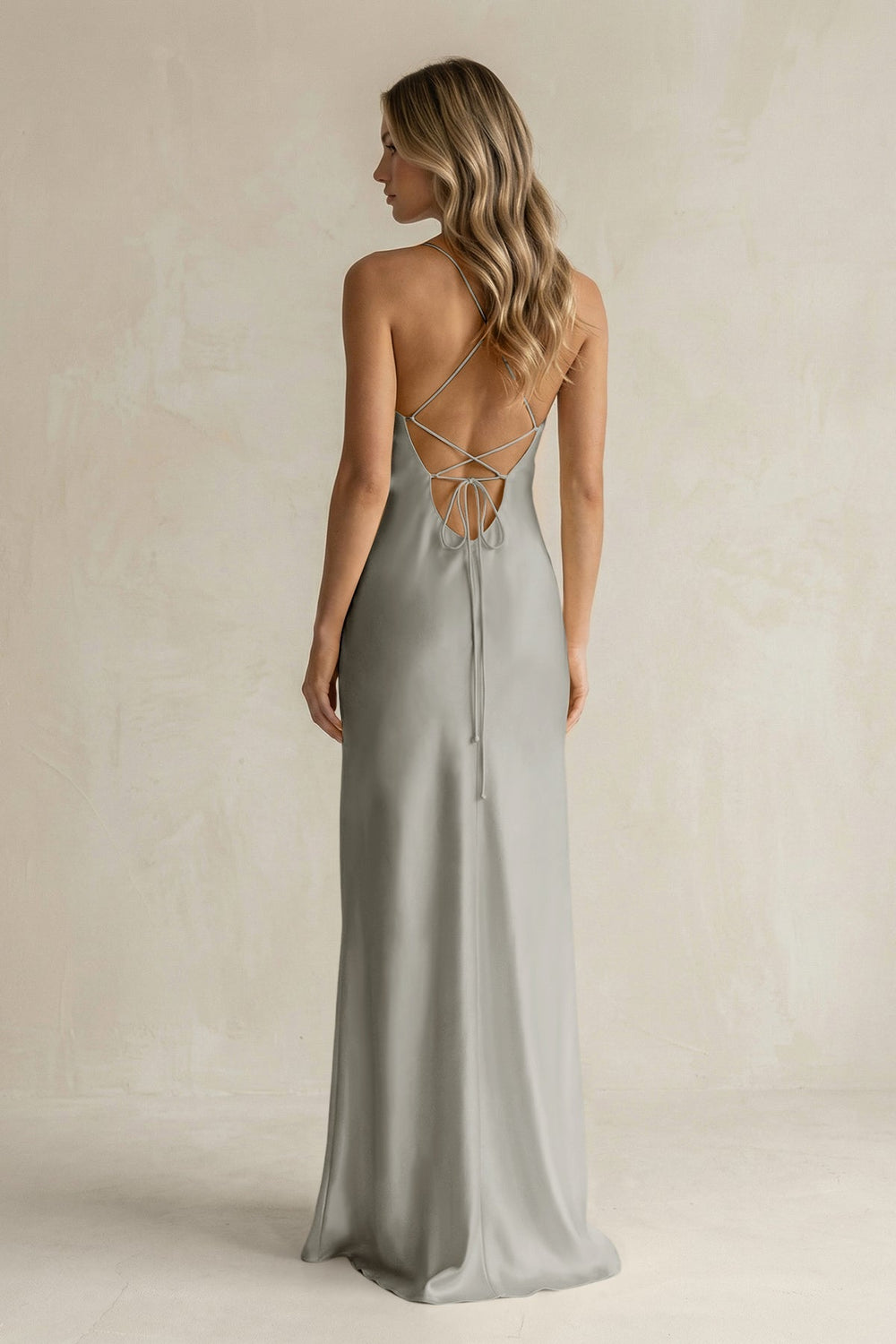 Sheath Satin Spaghetti Strap Bridesmaid Dress in Silver