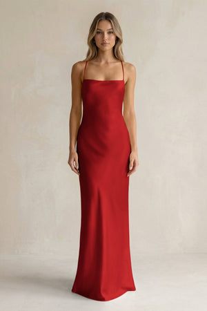 Sheath Satin Spaghetti Strap Bridesmaid Dress in Spice - KISS BRIDAL Bridesmaid Dresses