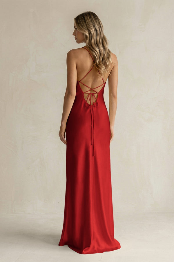 Sheath Satin Spaghetti Strap Bridesmaid Dress in Spice - KISS BRIDAL Bridesmaid Dresses