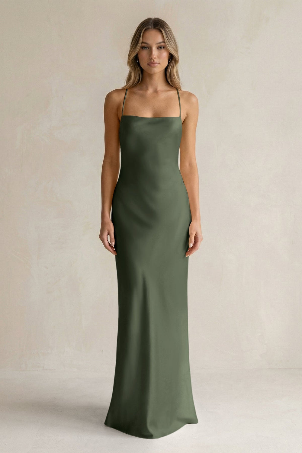 Sheath Satin Spaghetti Strap Bridesmaid Dress in Thyme