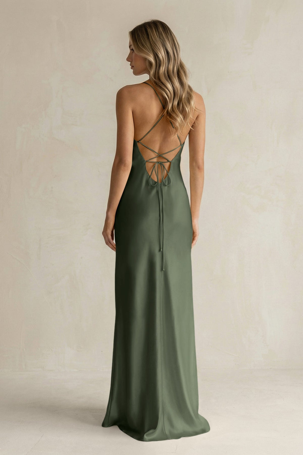 Sheath Satin Spaghetti Strap Bridesmaid Dress in Thyme