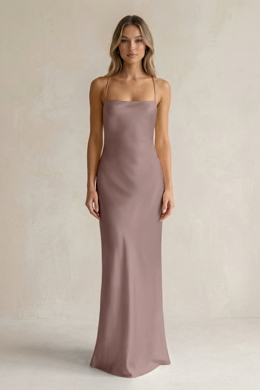 Sheath Satin Spaghetti Strap Bridesmaid Dress in Toffee