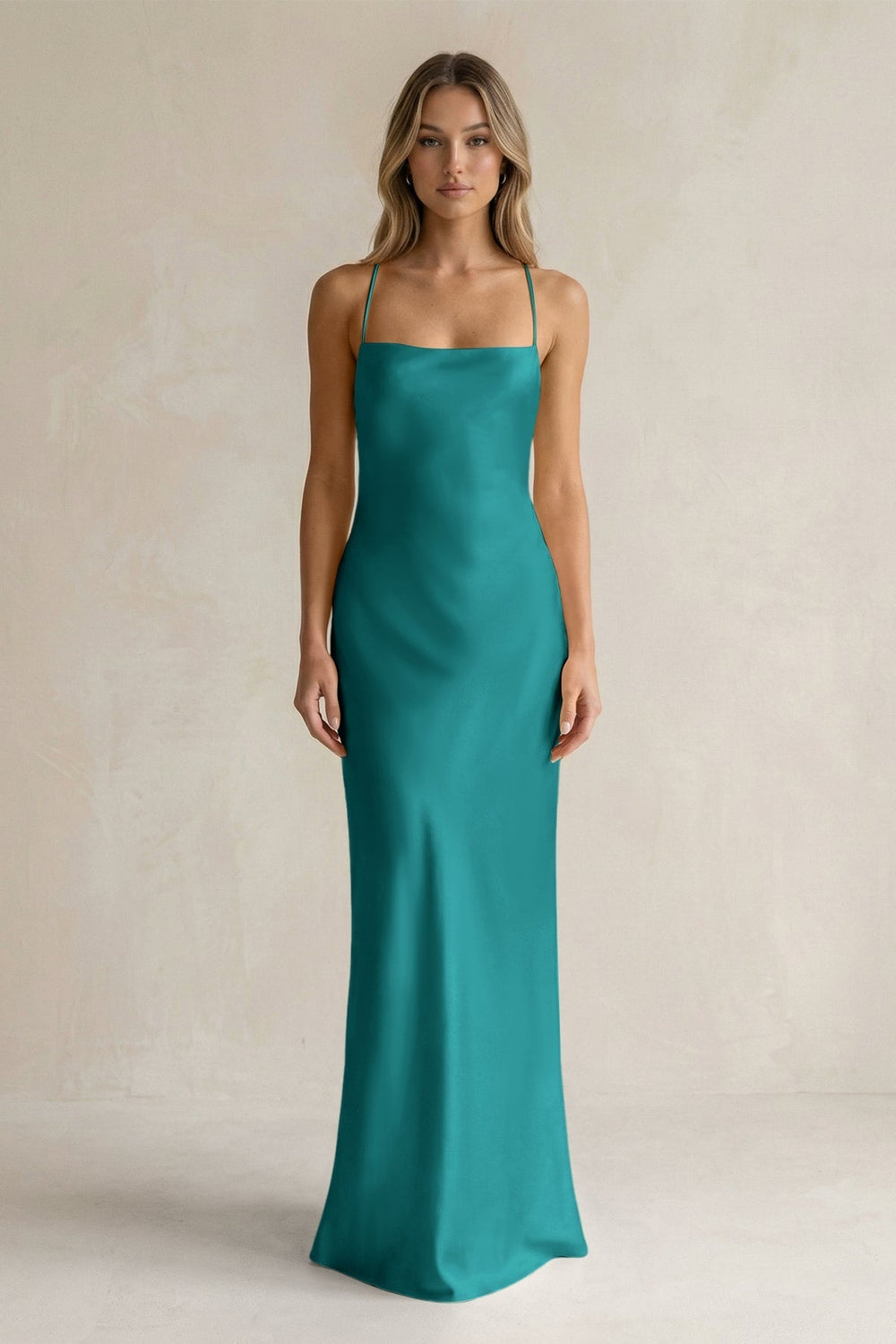 Sheath Satin Spaghetti Strap Bridesmaid Dress in Turquoise