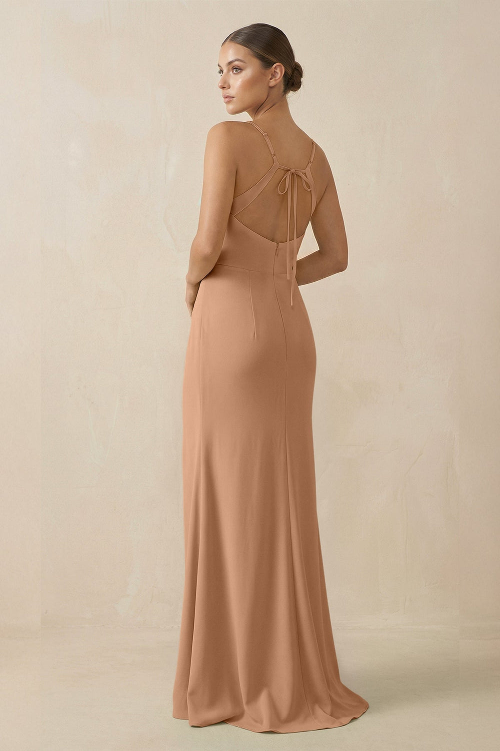 Sheath Spaghetti Straps Chiffon Long Bridesmaid Dress in Bronzer