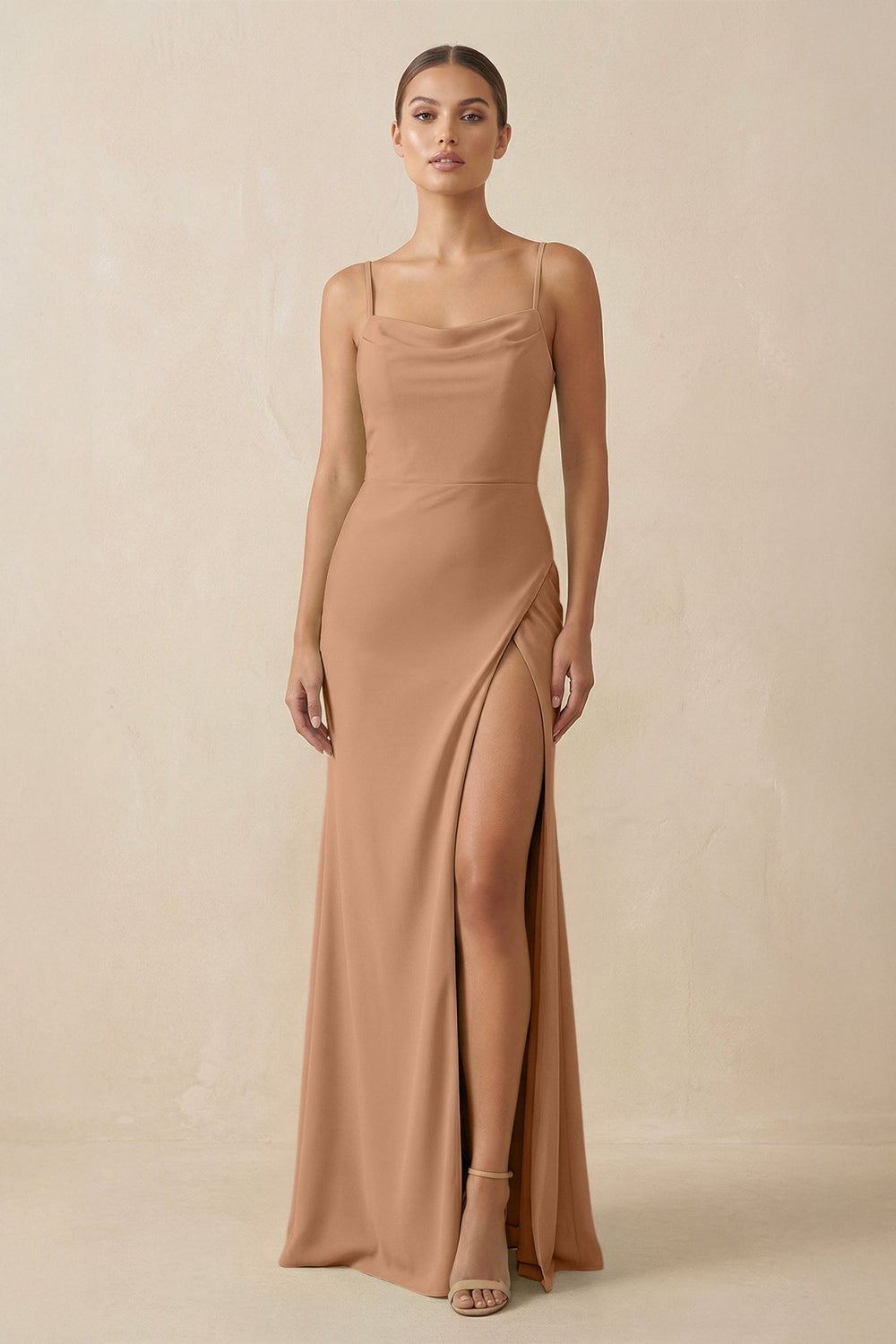 Sheath Spaghetti Straps Chiffon Long Bridesmaid Dress in Bronzer