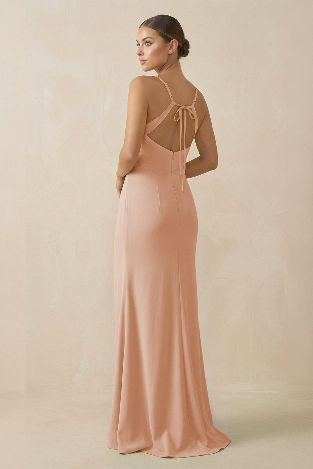 Sheath Spaghetti Straps Chiffon Long Bridesmaid Dress in Champagne Rose
