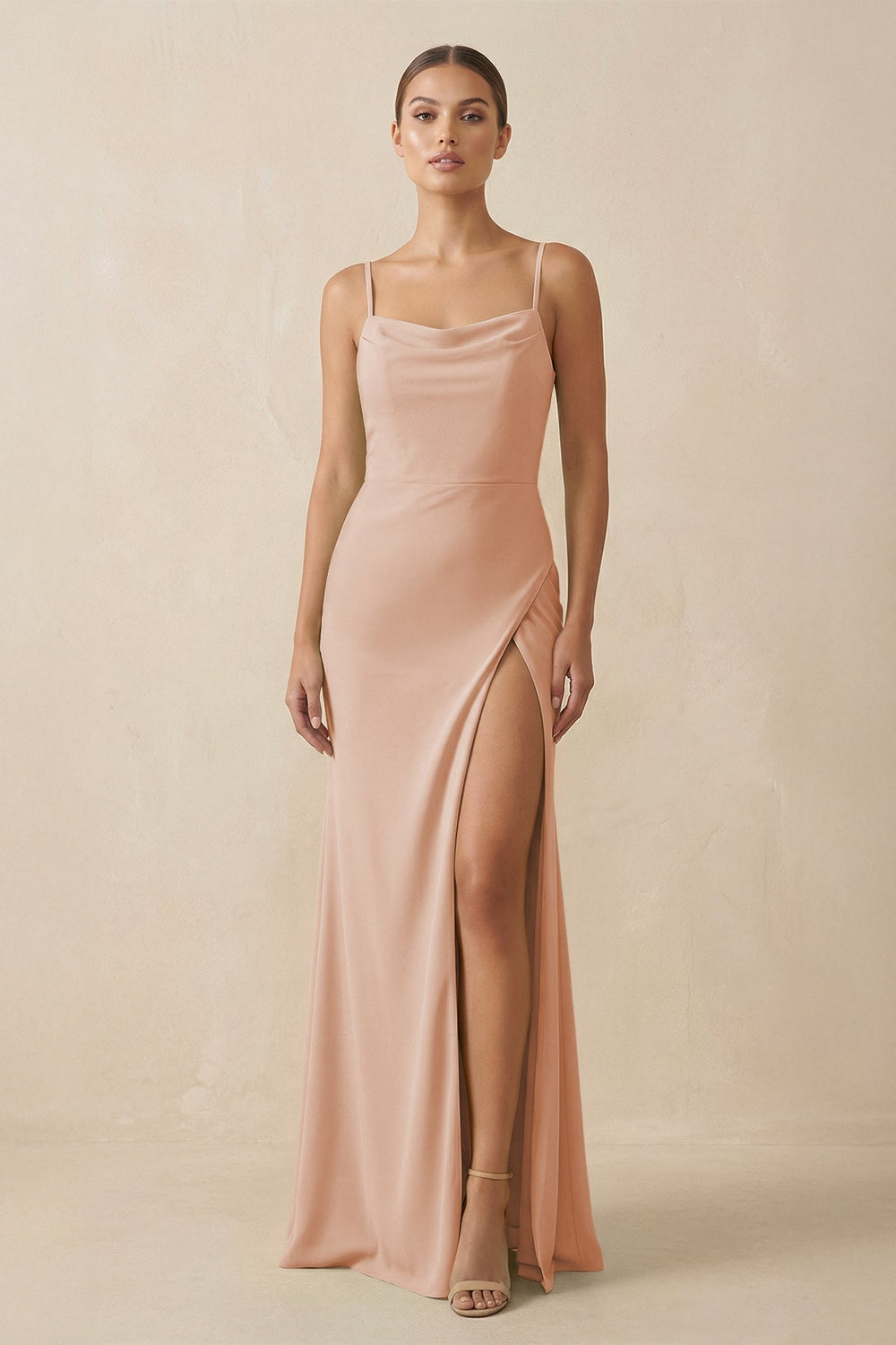 Sheath Spaghetti Straps Chiffon Long Bridesmaid Dress in Champagne Rose