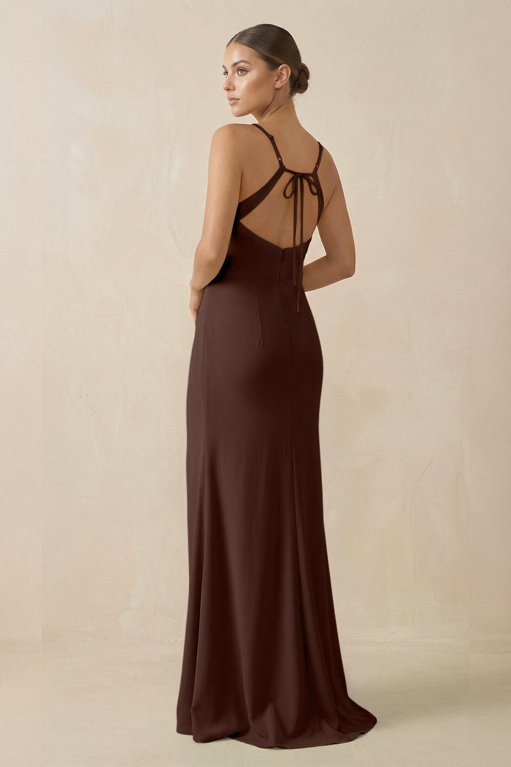 Sheath Spaghetti Straps Chiffon Long Bridesmaid Dress in Espresso