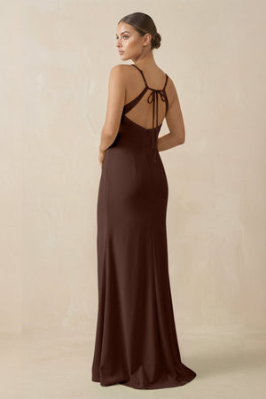 Sheath Spaghetti Straps Chiffon Long Bridesmaid Dress in Espresso - KISS BRIDAL Bridesmaid Dresses