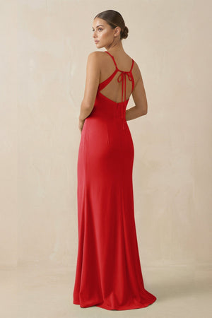 Sheath Spaghetti Straps Chiffon Long Bridesmaid Dress in Ruby Red - KISS BRIDAL Bridesmaid Dresses