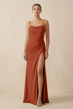 Sheath Spaghetti Straps Chiffon Long Bridesmaid Dress in Spice - KISS BRIDAL Bridesmaid Dresses