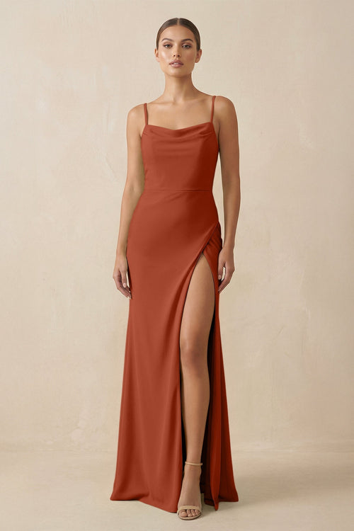 Sheath Spaghetti Straps Chiffon Long Bridesmaid Dress in Spice - KISS BRIDAL Bridesmaid Dresses