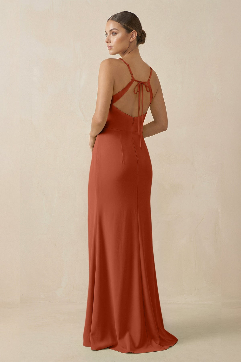 Sheath Spaghetti Straps Chiffon Long Bridesmaid Dress in Spice