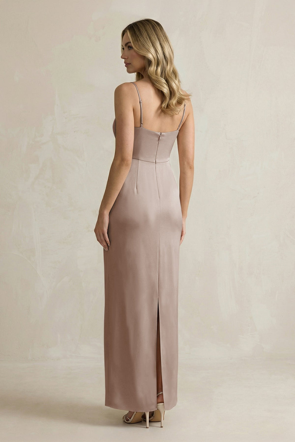 Sheath Spaghetti Straps Satin Bridesmaid Dress in Almond