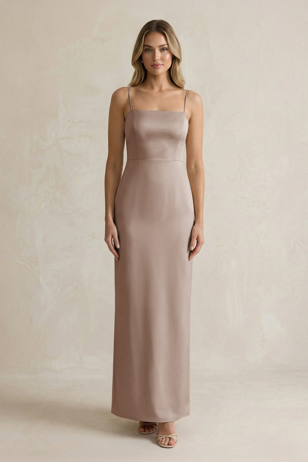 Sheath Spaghetti Straps Satin Bridesmaid Dress in Almond