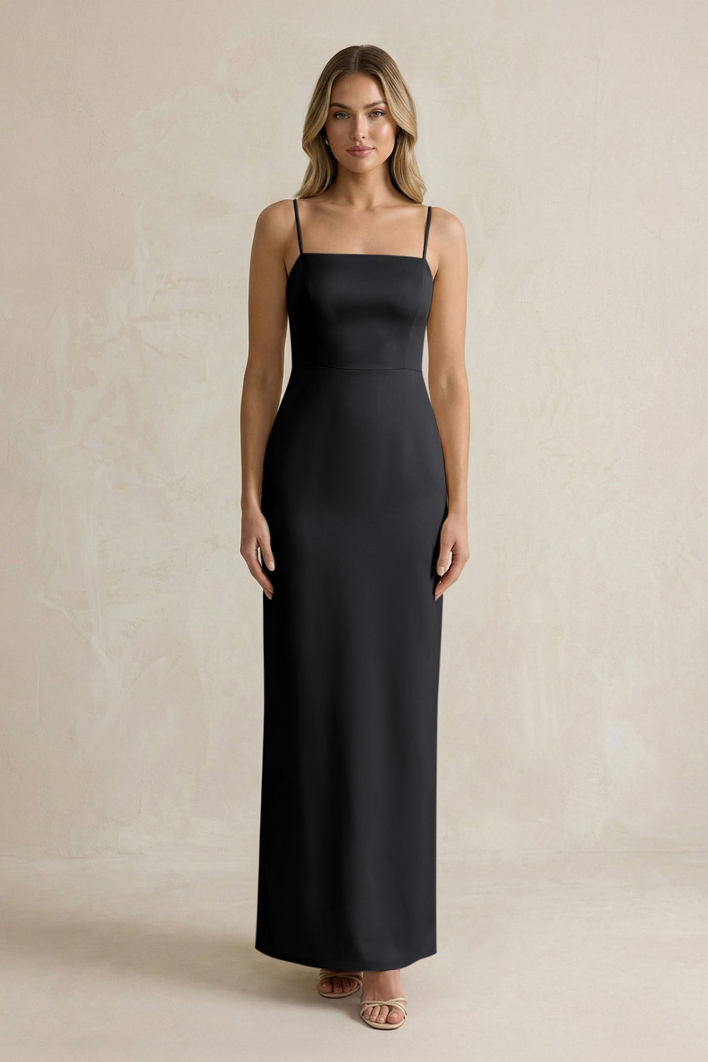 Sheath Spaghetti Straps Satin Bridesmaid Dress in Black