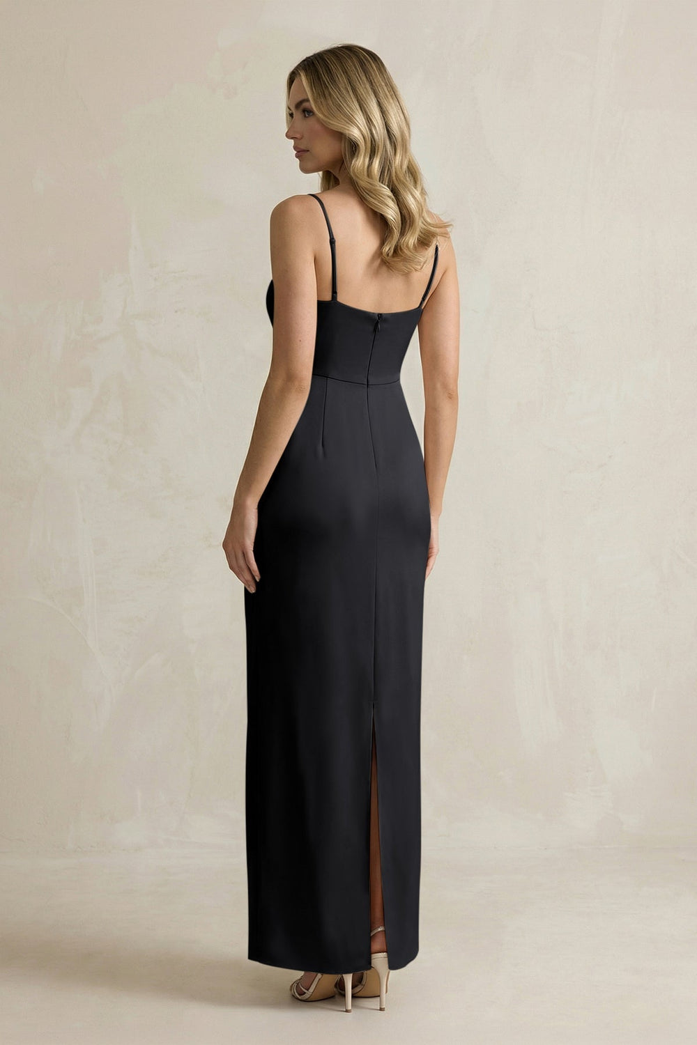 Sheath Spaghetti Straps Satin Bridesmaid Dress in Black