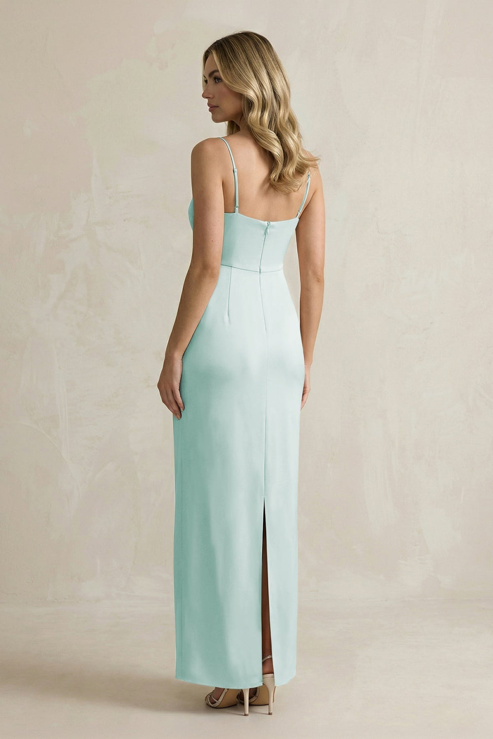 Sheath Spaghetti Straps Satin Bridesmaid Dress in Bleached Aqua