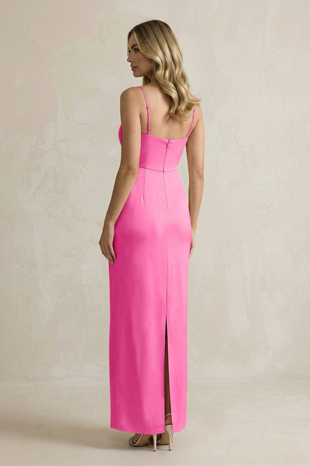 Sheath Spaghetti Straps Satin Bridesmaid Dress in Bon Bon Pink