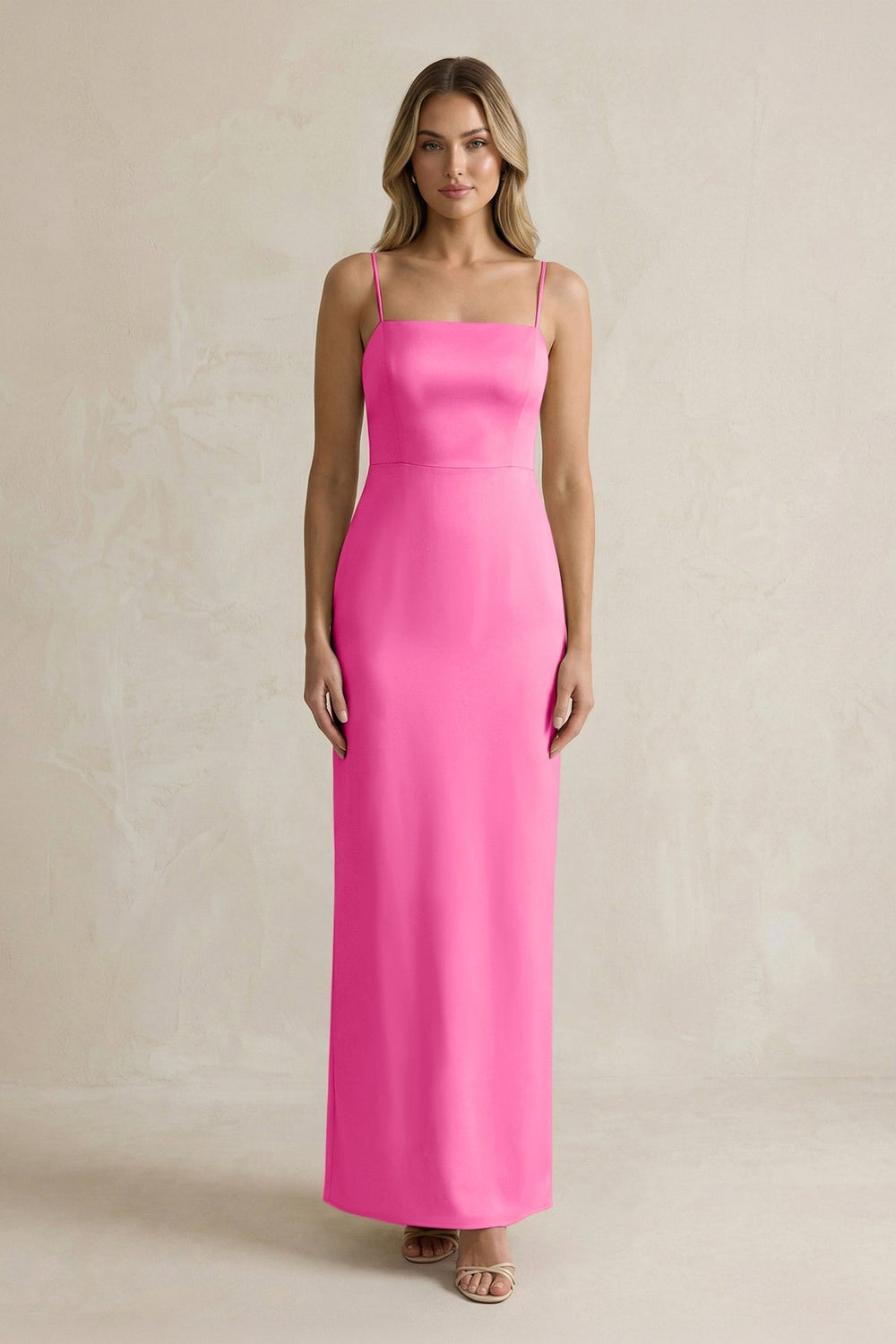 Sheath Spaghetti Straps Satin Bridesmaid Dress in Bon Bon Pink
