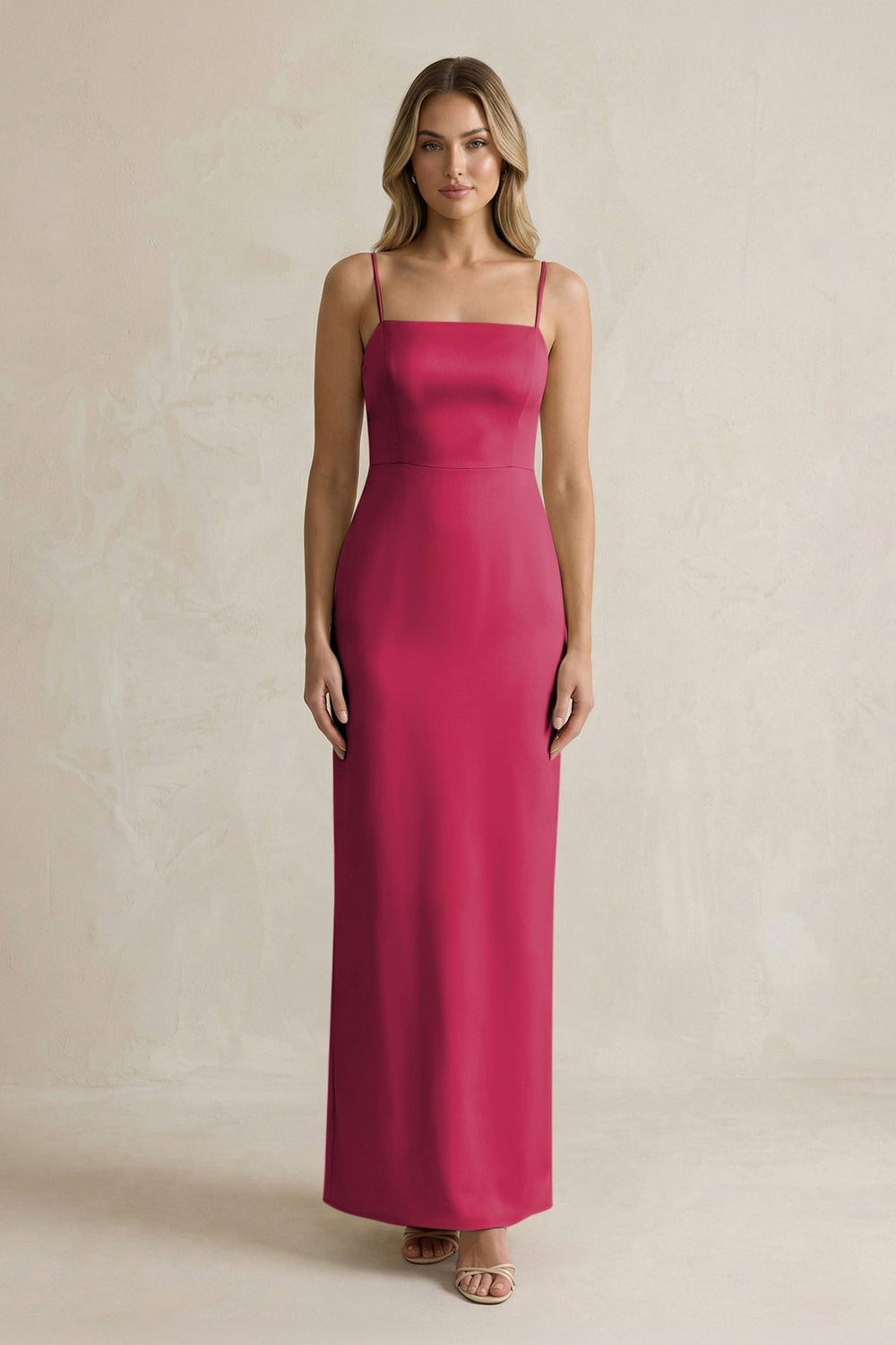 Sheath Spaghetti Straps Satin Bridesmaid Dress in Burgundy