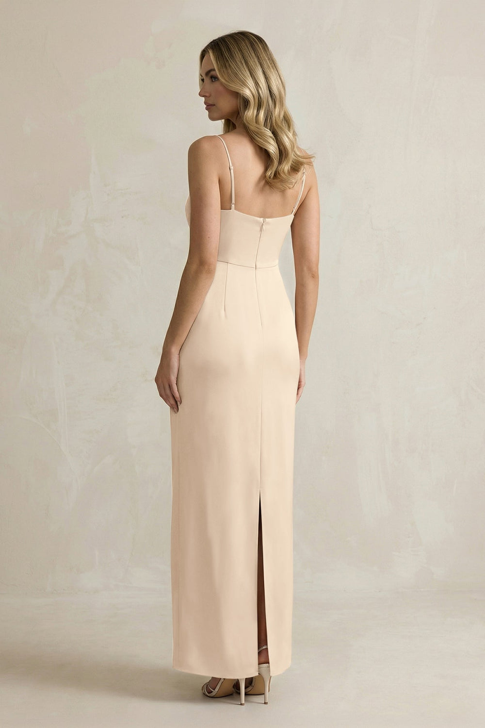 Sheath Spaghetti Straps Satin Bridesmaid Dress in Champagne
