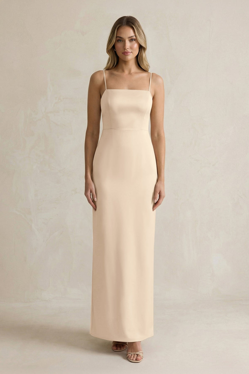 Sheath Spaghetti Straps Satin Bridesmaid Dress in Champagne
