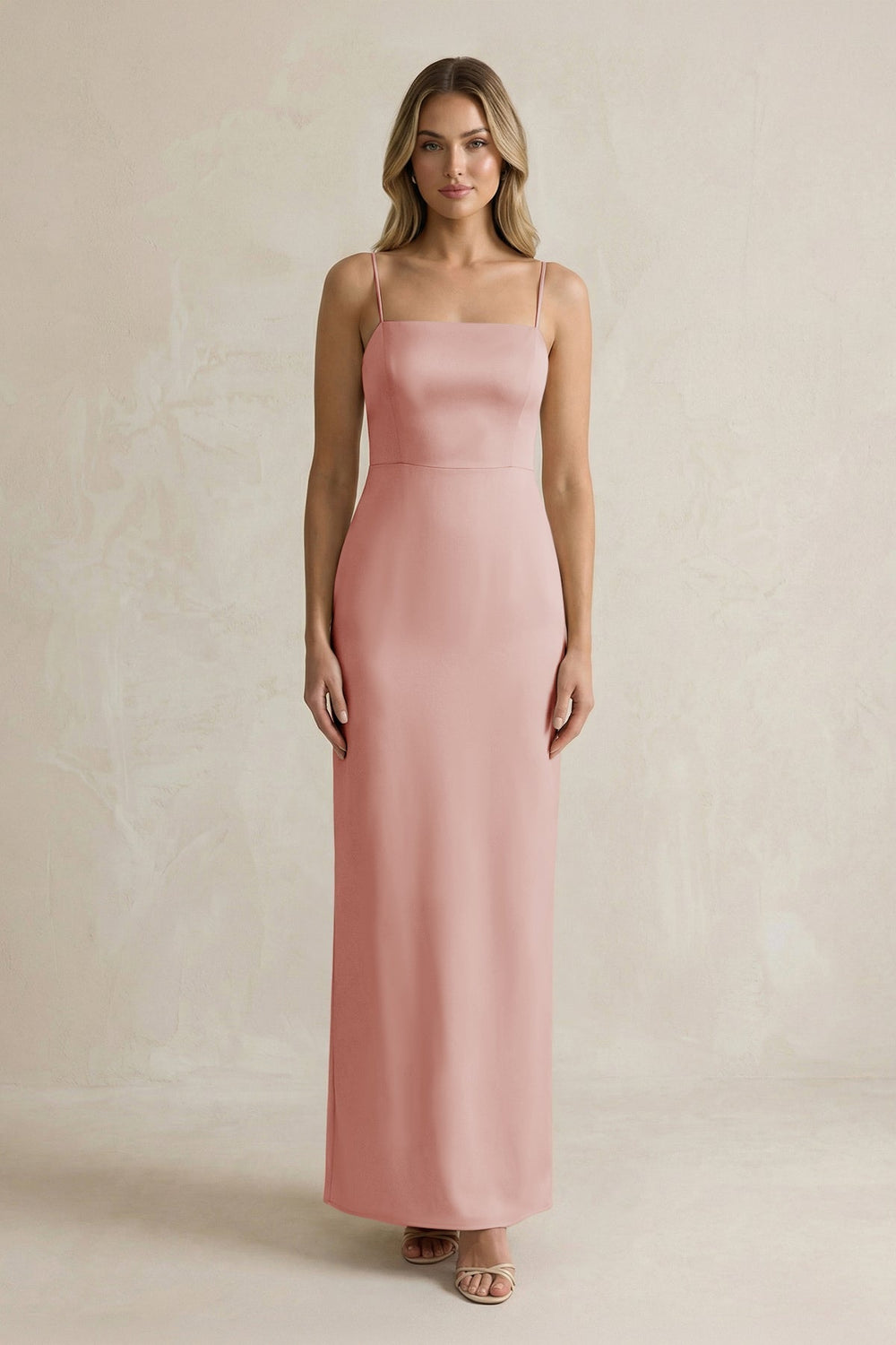 Sheath Spaghetti Straps Satin Bridesmaid Dress in Champagne Rose