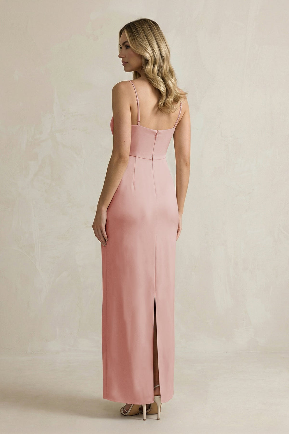 Sheath Spaghetti Straps Satin Bridesmaid Dress in Champagne Rose