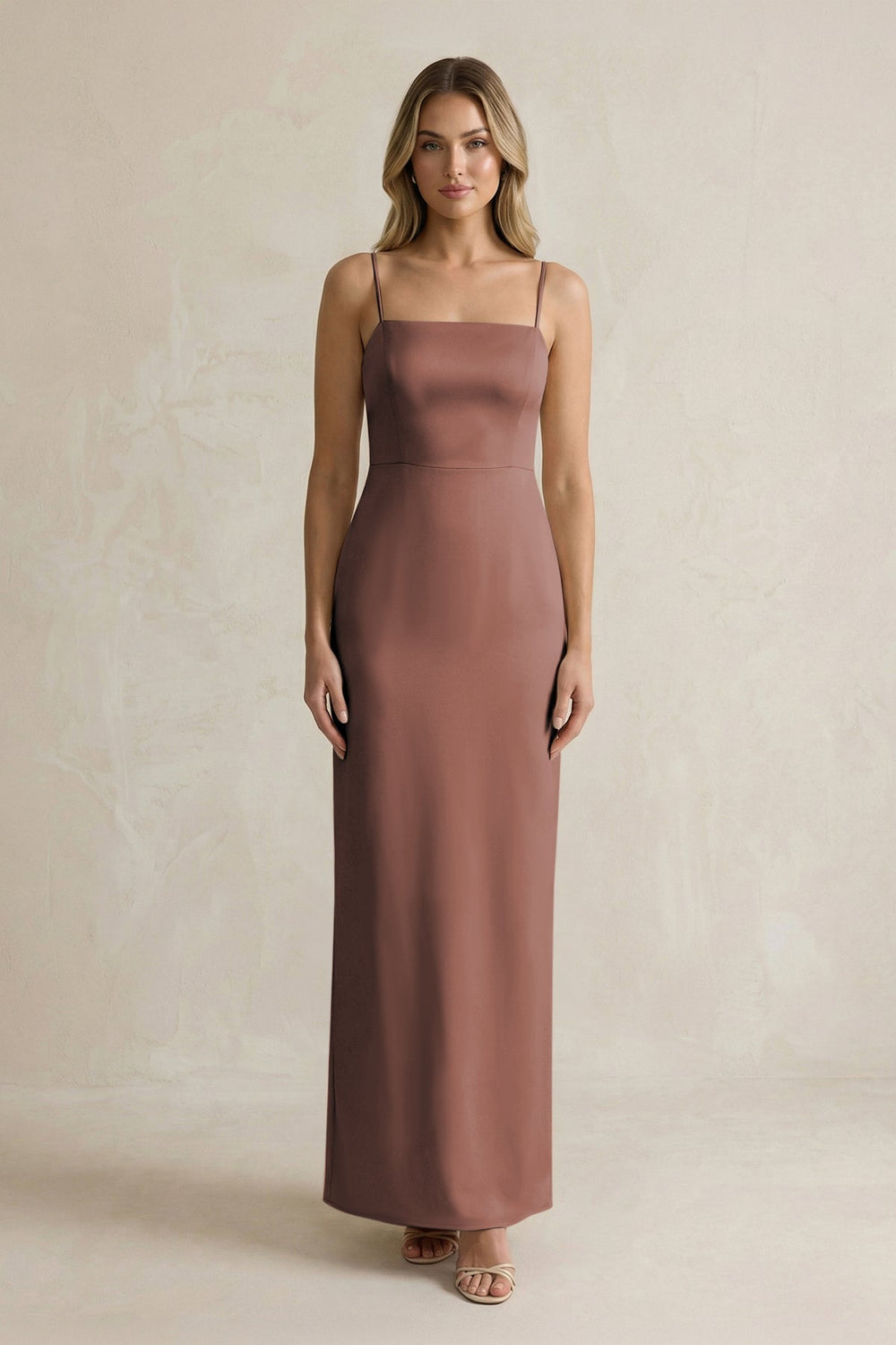 Sheath Spaghetti Straps Satin Bridesmaid Dress in Espresso