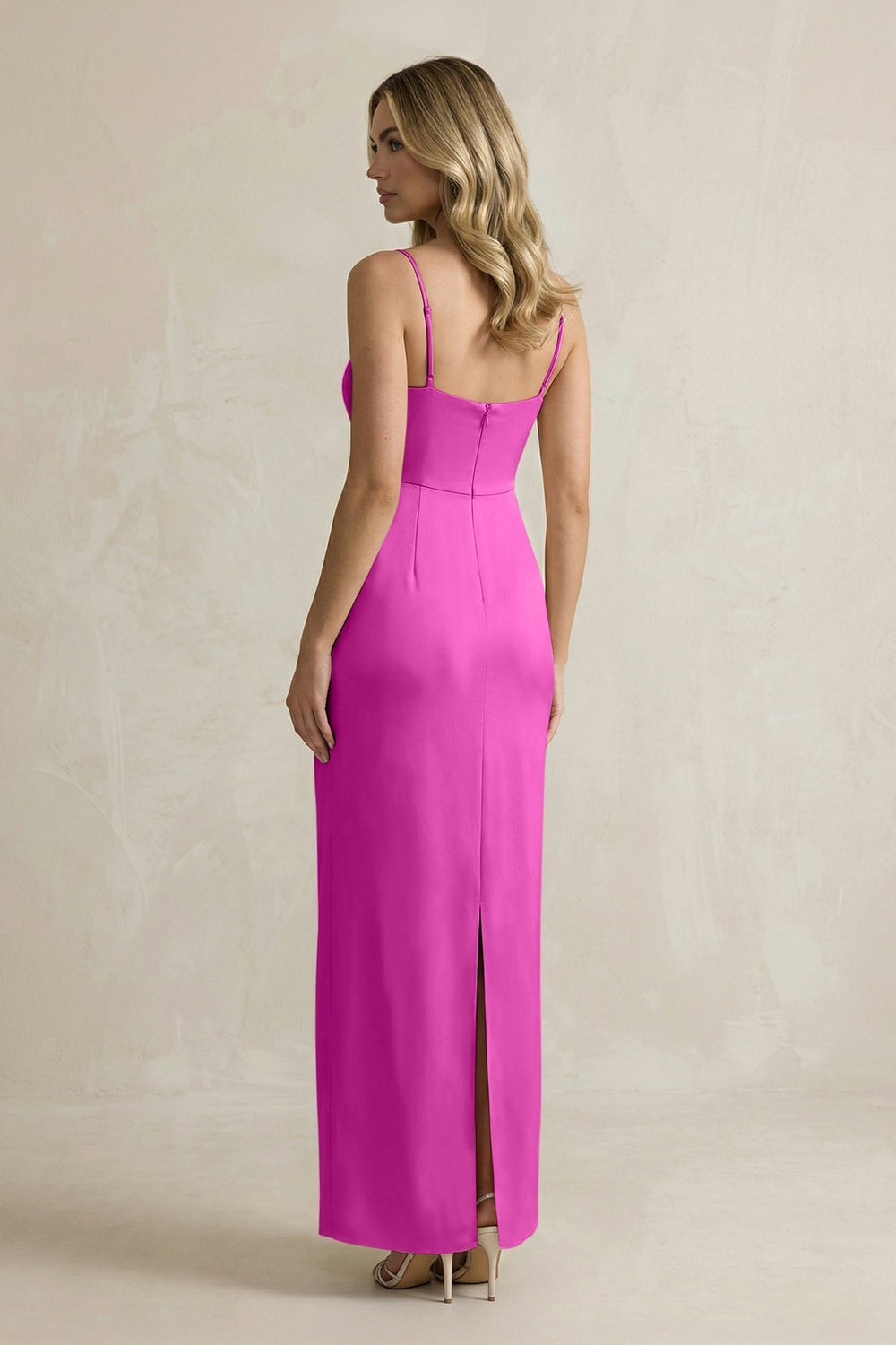 Sheath Spaghetti Straps Satin Bridesmaid Dress in Fuchsia