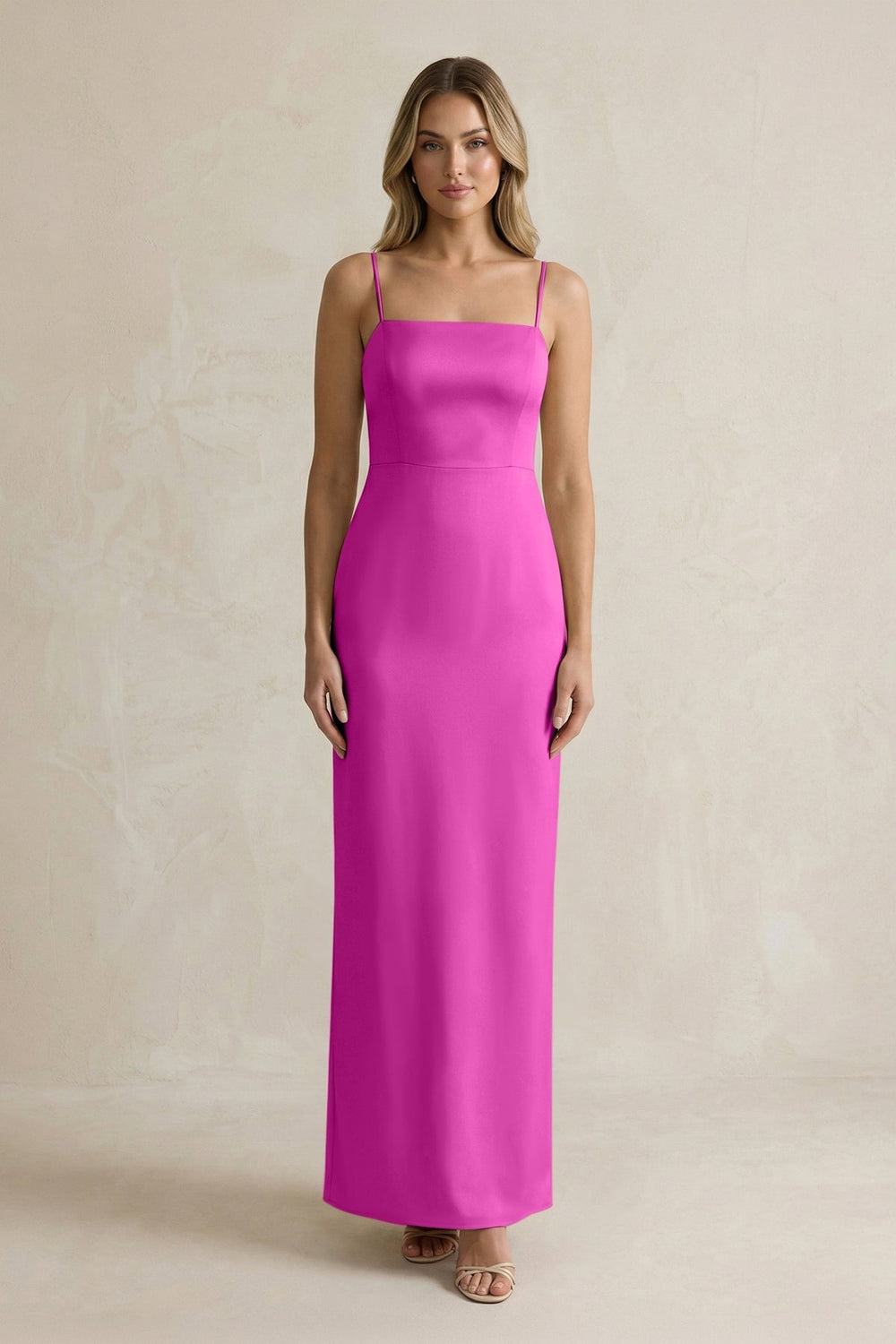 Sheath Spaghetti Straps Satin Bridesmaid Dress in Fuchsia