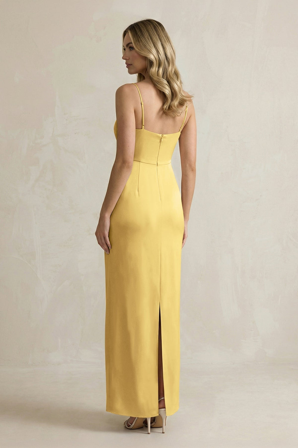 Sheath Spaghetti Straps Satin Bridesmaid Dress in Gold