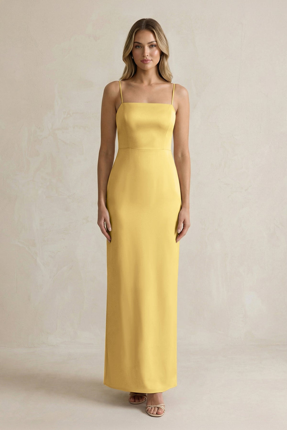 Sheath Spaghetti Straps Satin Bridesmaid Dress in Gold