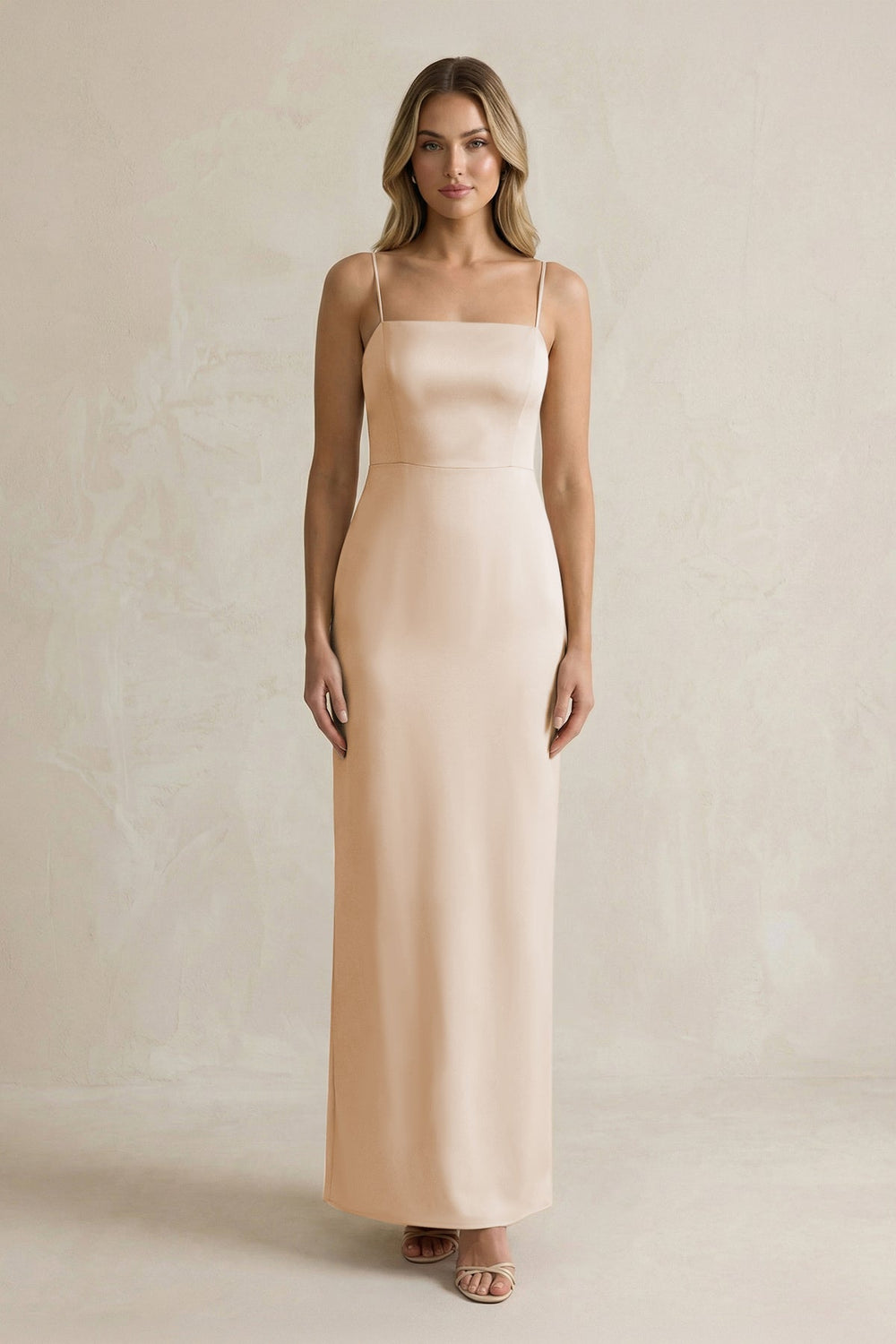 Sheath Spaghetti Straps Satin Bridesmaid Dress in Golden Champagne