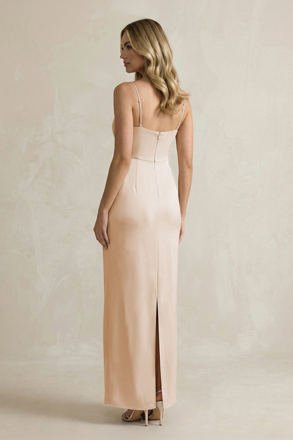 Sheath Spaghetti Straps Satin Bridesmaid Dress in Golden Champagne