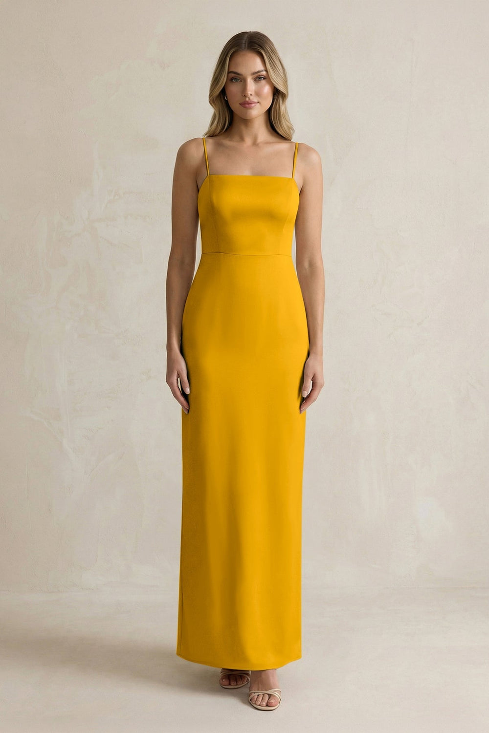 Sheath Spaghetti Straps Satin Bridesmaid Dress in Marigold
