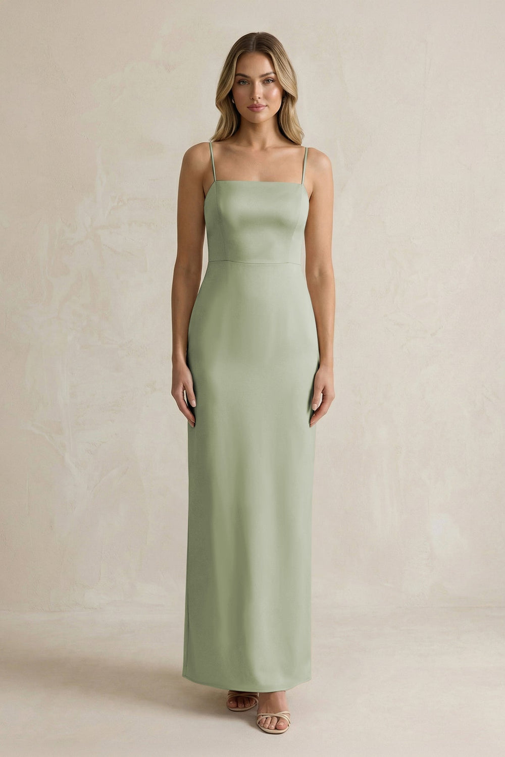 Sheath Spaghetti Straps Satin Bridesmaid Dress in Matcha