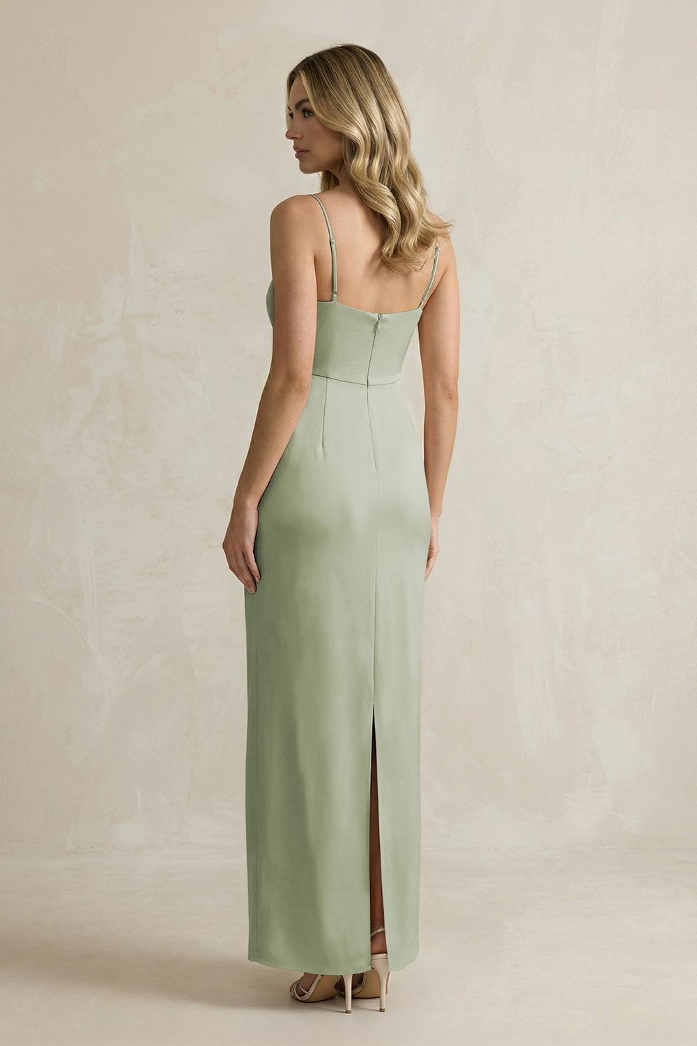 Sheath Spaghetti Straps Satin Bridesmaid Dress in Matcha