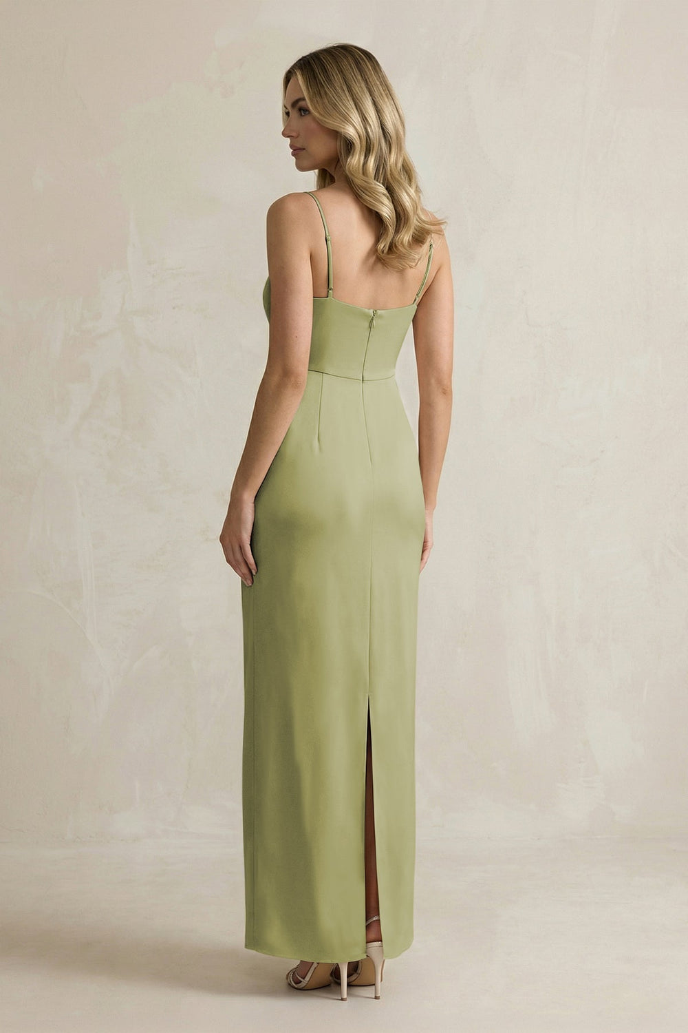 Sheath Spaghetti Straps Satin Bridesmaid Dress in Moss Green
