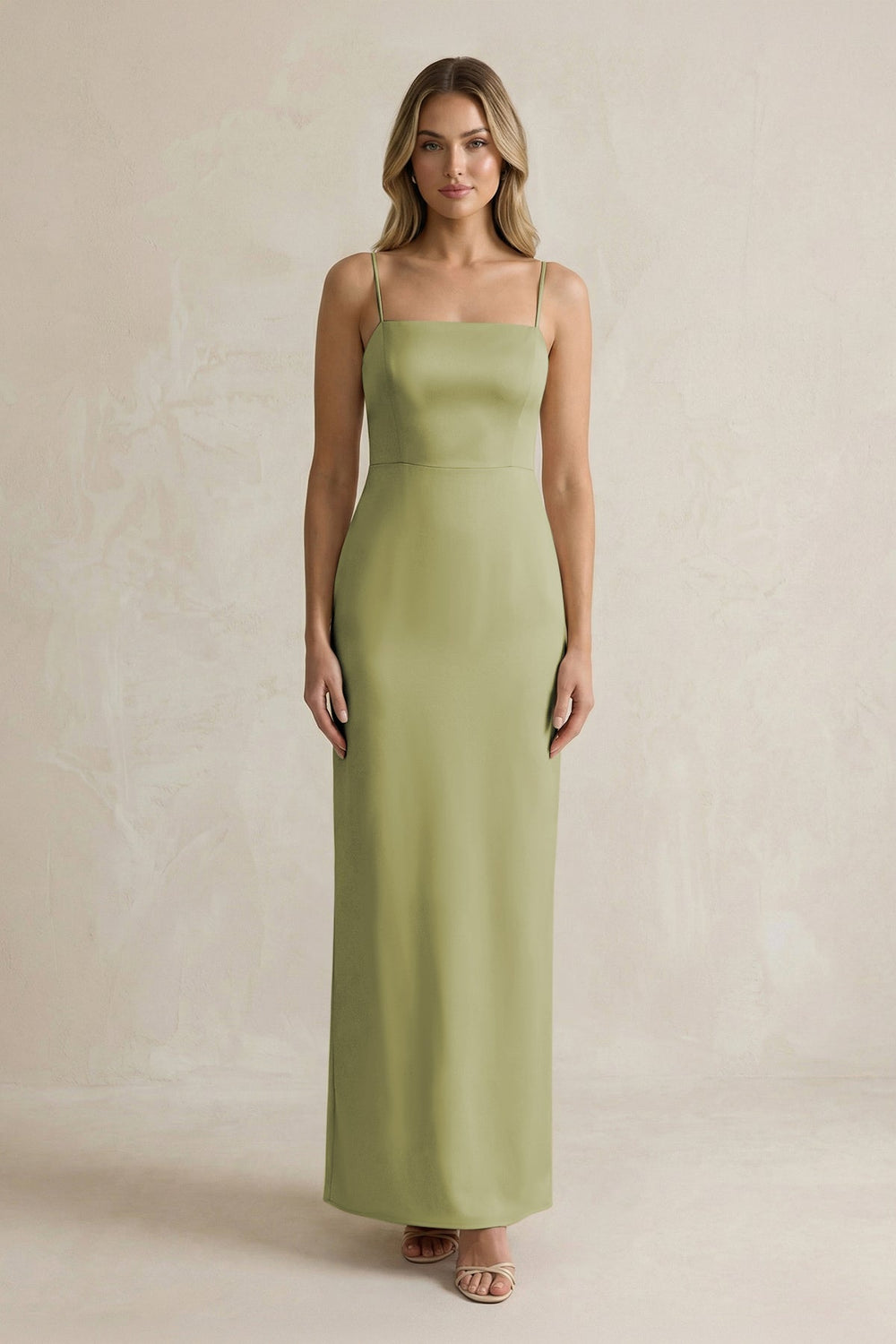 Sheath Spaghetti Straps Satin Bridesmaid Dress in Moss Green