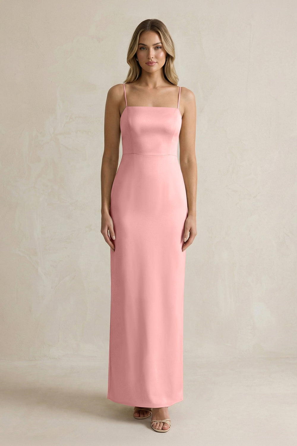 Sheath Spaghetti Straps Satin Bridesmaid Dress in Rosette