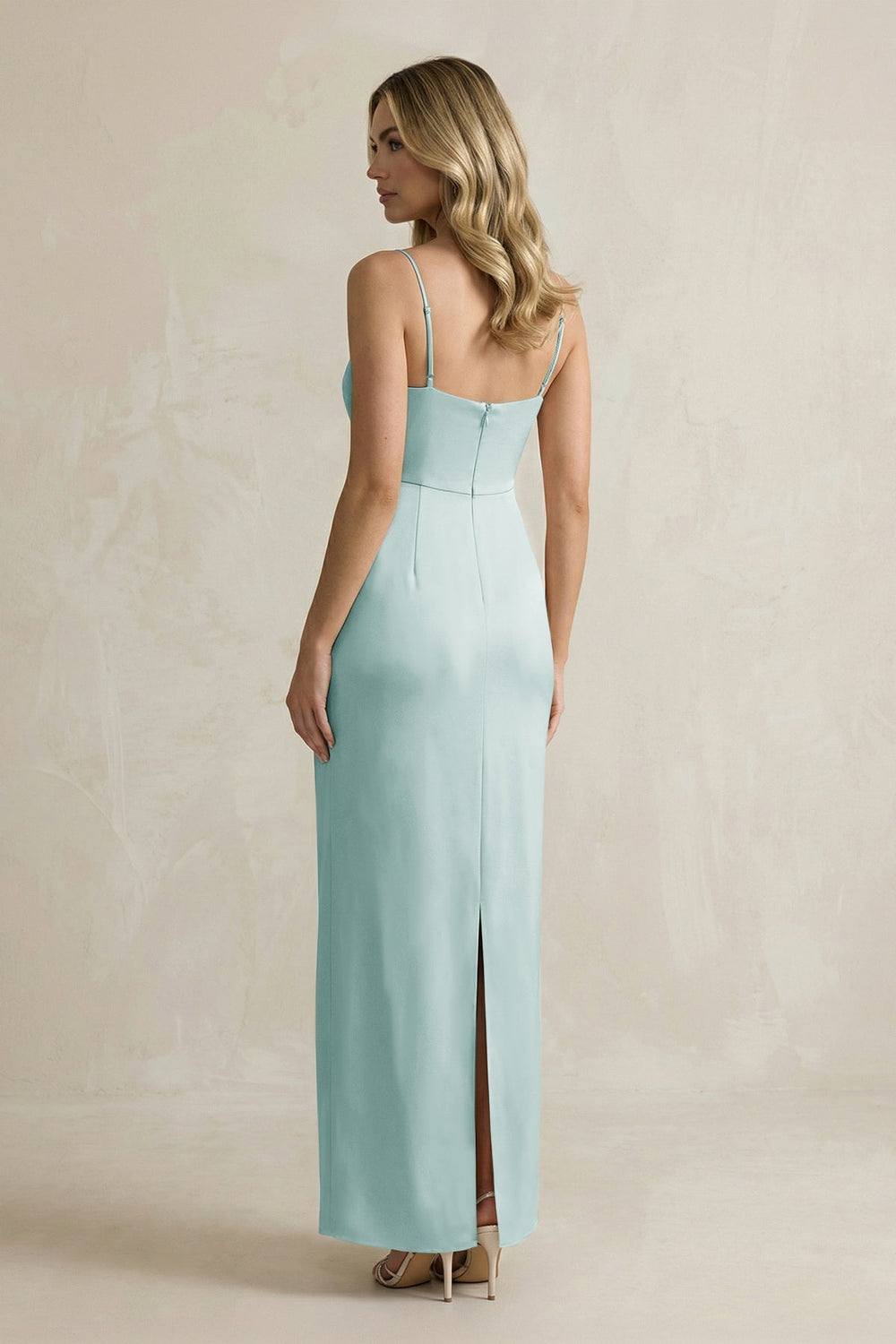 Sheath Spaghetti Straps Satin Bridesmaid Dress in Sage
