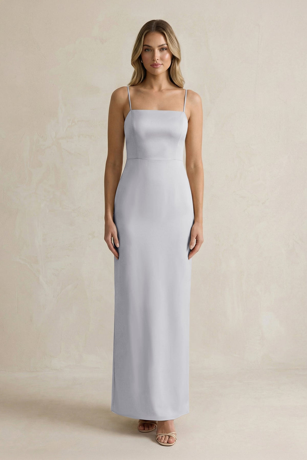 Sheath Spaghetti Straps Satin Bridesmaid Dress in Silver